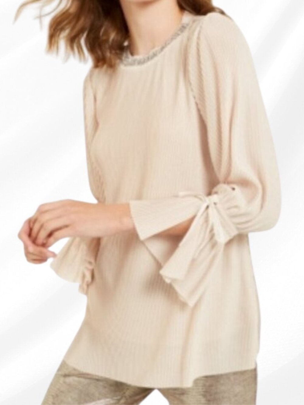 Alfani Beige Textured Stripe Embellished Neck Top L NWT